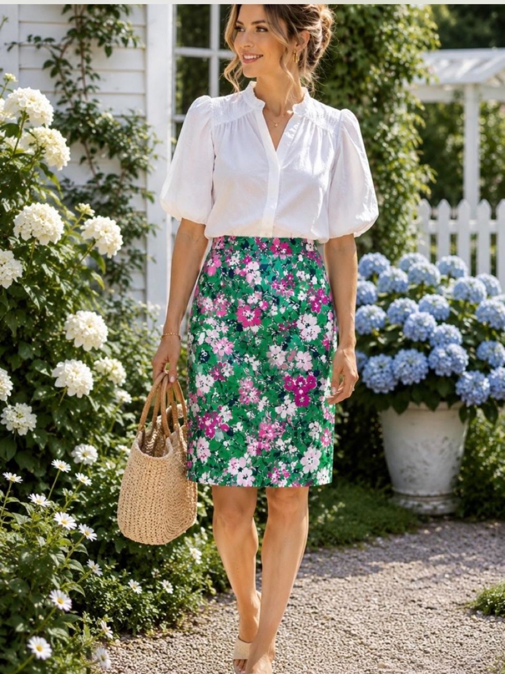 J. Crew Green Floral Pencil Skirt with Pink and White Blooms 0